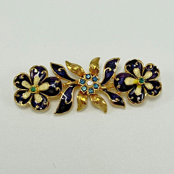 Joan Rivers Gold Tone Swarovski Crystals Enamel Navy Blue Flowers Brooch Pin - Picture 1 of 4